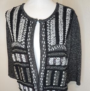 Chico's Black And White Plus Silver Metallic Open-Front Cardigan Size 3 Or Large